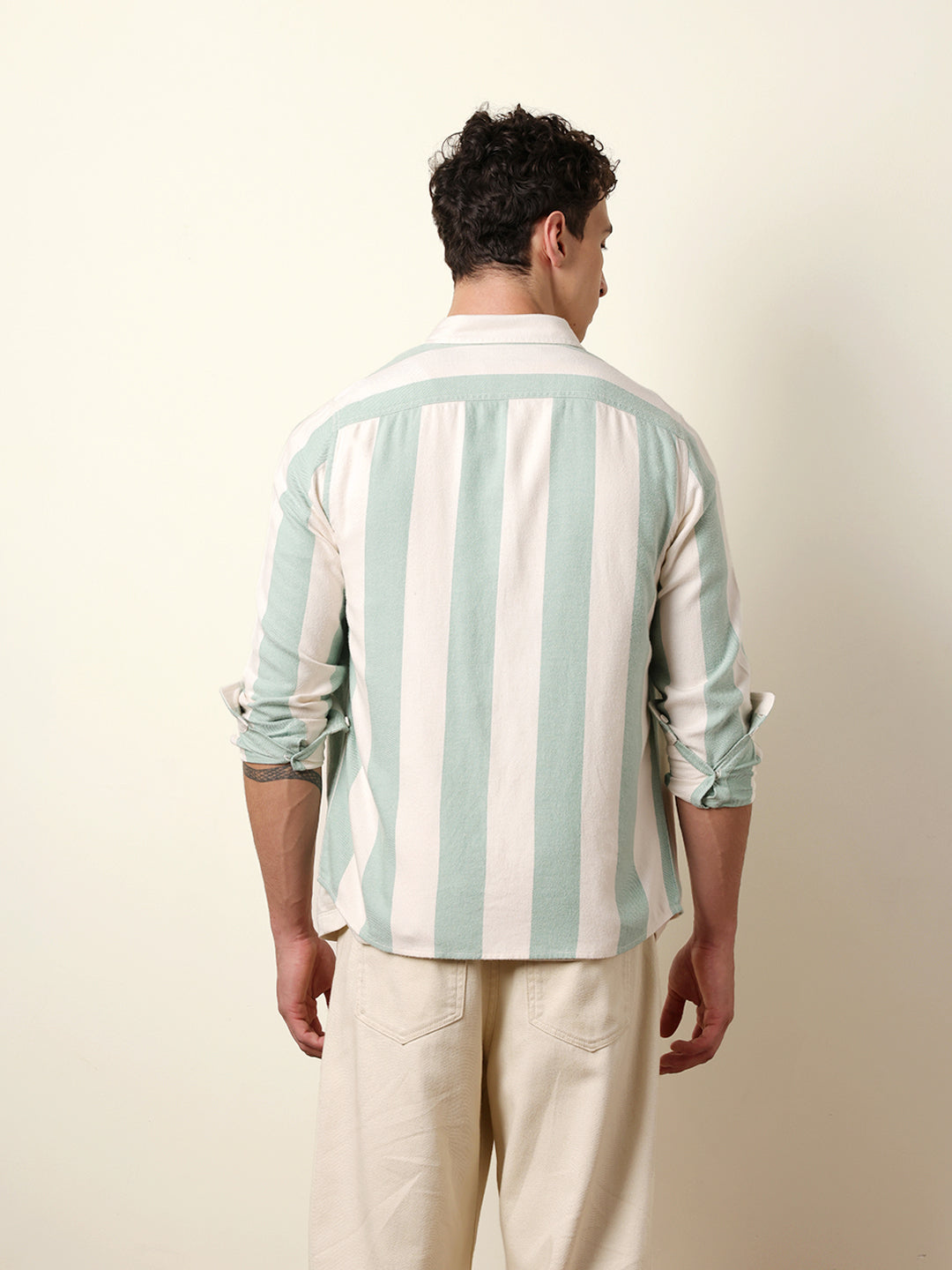 Green & Cream Woven Striped Flannel Regular Fit Casual Shirt
