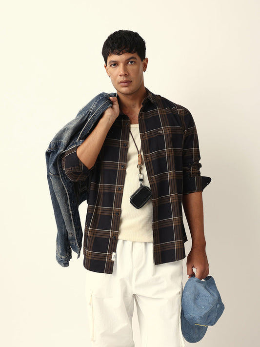 Brown Woven Tartan Checked Slim Fit Casual Shirt