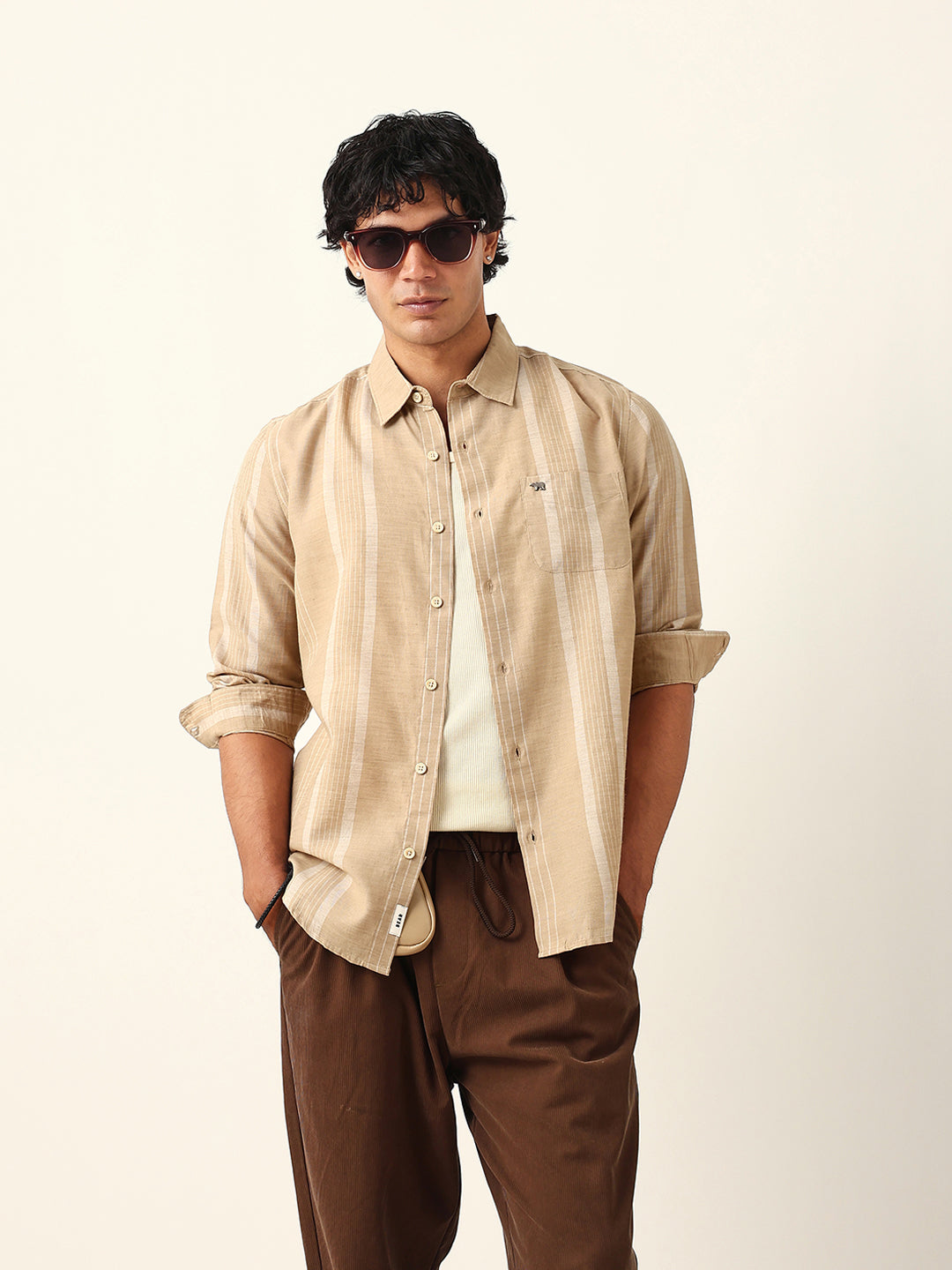 Beige Woven Vertical Striped Slim Fit Casual Shirt