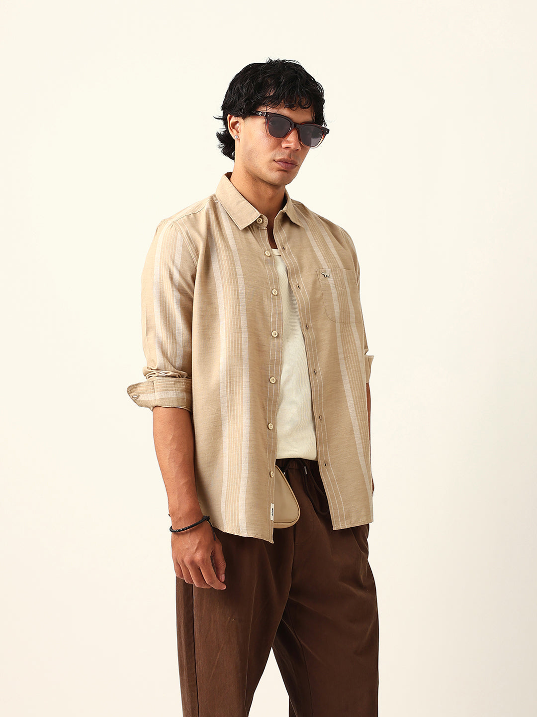 Beige Woven Vertical Striped Slim Fit Casual Shirt