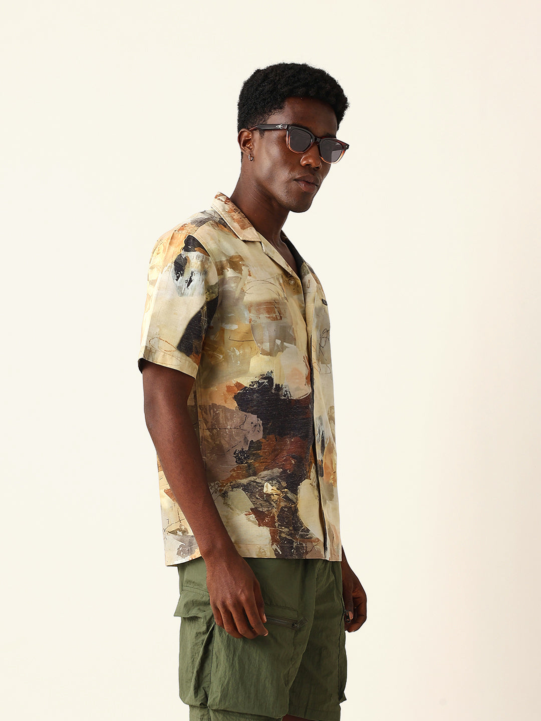 Multicolor Abstract Brushstroke Print Cuban Collar Relaxed Fit Casual Shirt