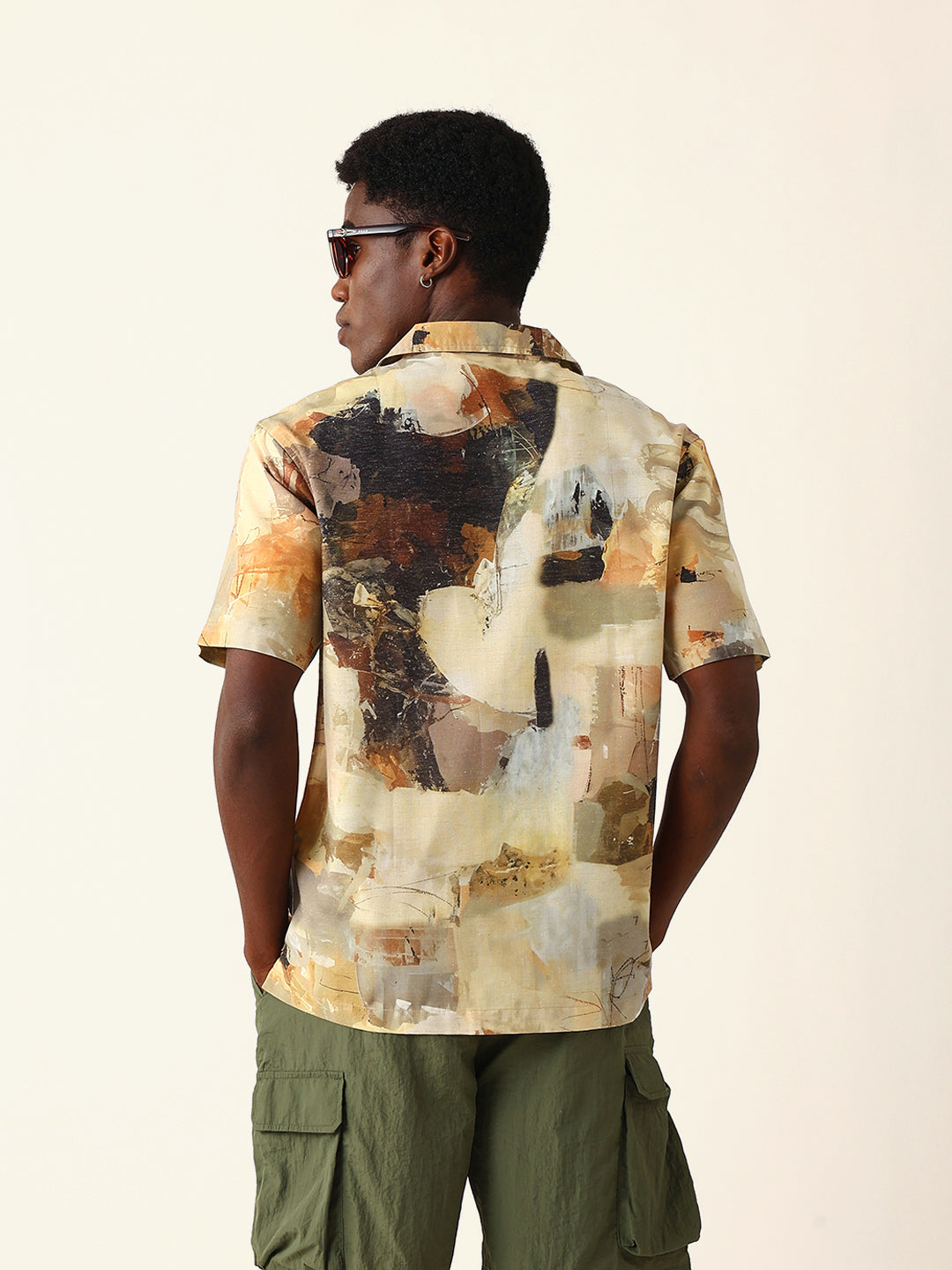 Multicolor Abstract Brushstroke Print Cuban Collar Relaxed Fit Casual Shirt