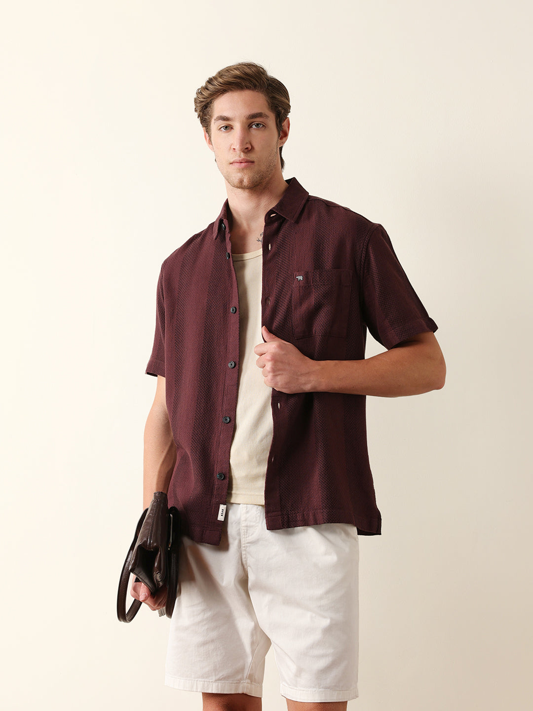 Maroon Relaxed Fit Casual Half Sleeve Shirt with Textured Vertical Stripes