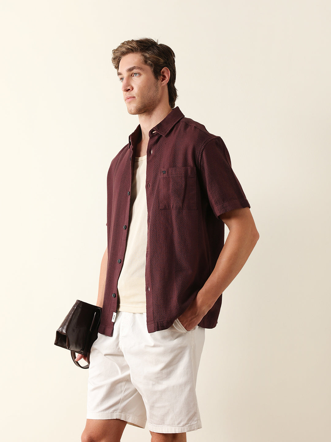 Maroon Relaxed Fit Casual Half Sleeve Shirt with Textured Vertical Stripes