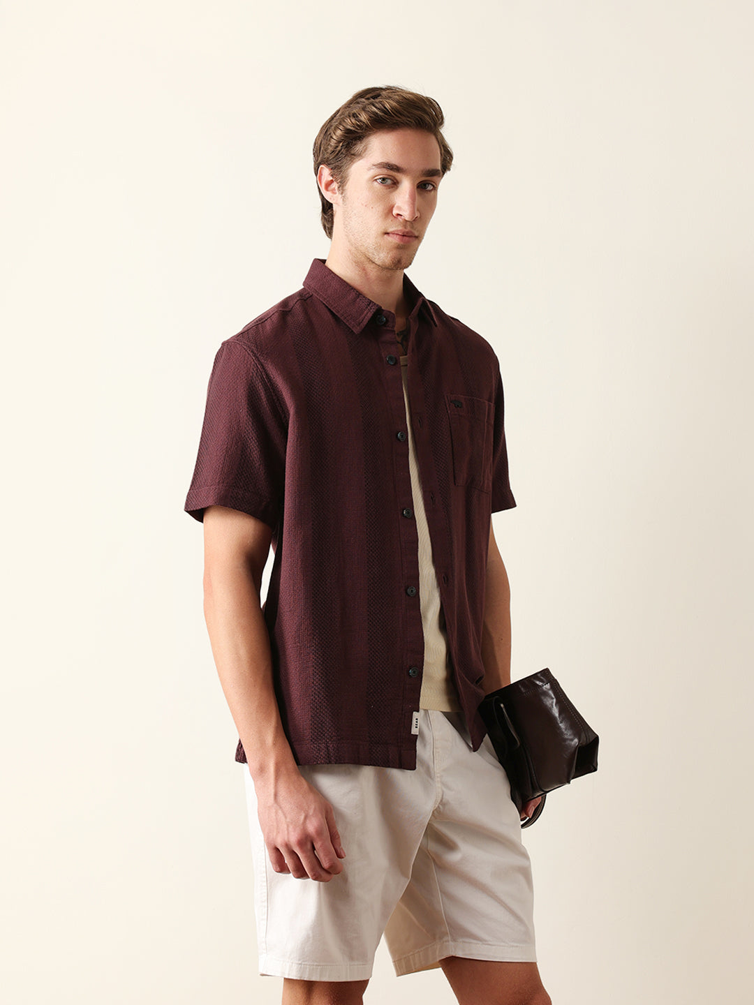 Maroon Relaxed Fit Casual Half Sleeve Shirt with Textured Vertical Stripes