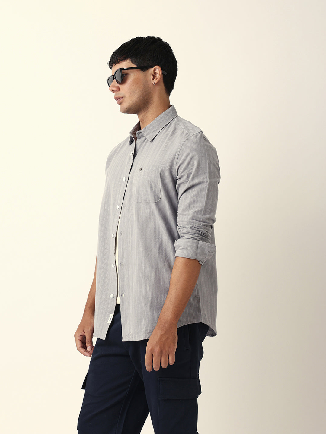 Grey Woven Vertical Pinstripes Slim Fit Casual Shirt