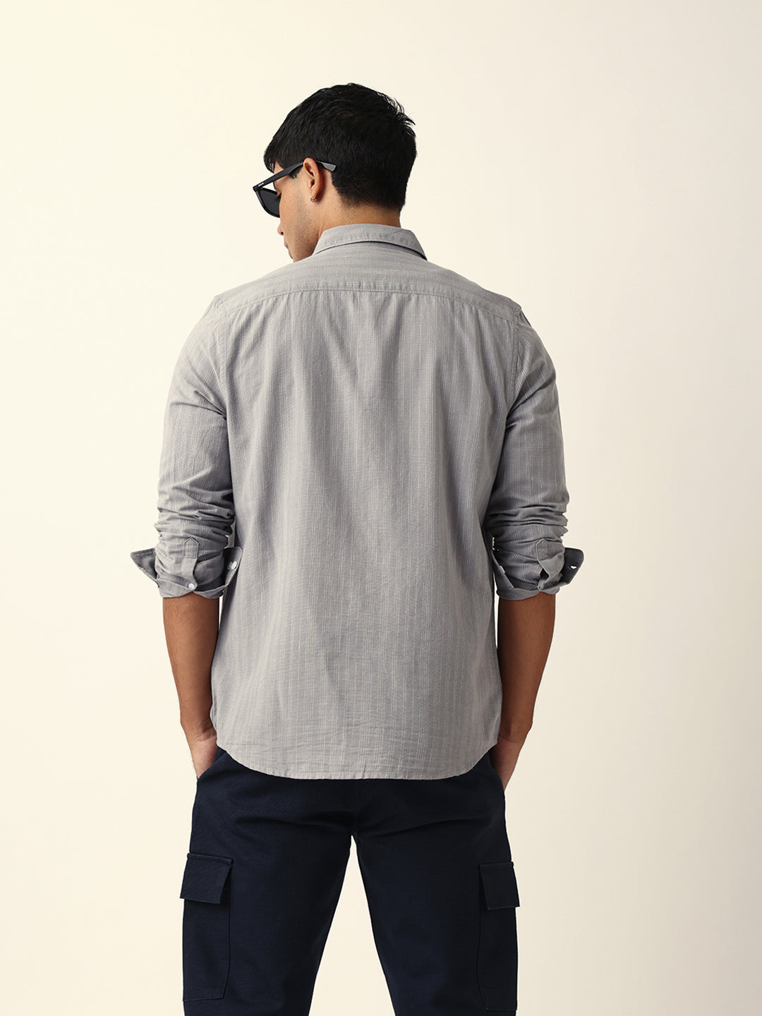 Grey Woven Vertical Pinstripes Slim Fit Casual Shirt