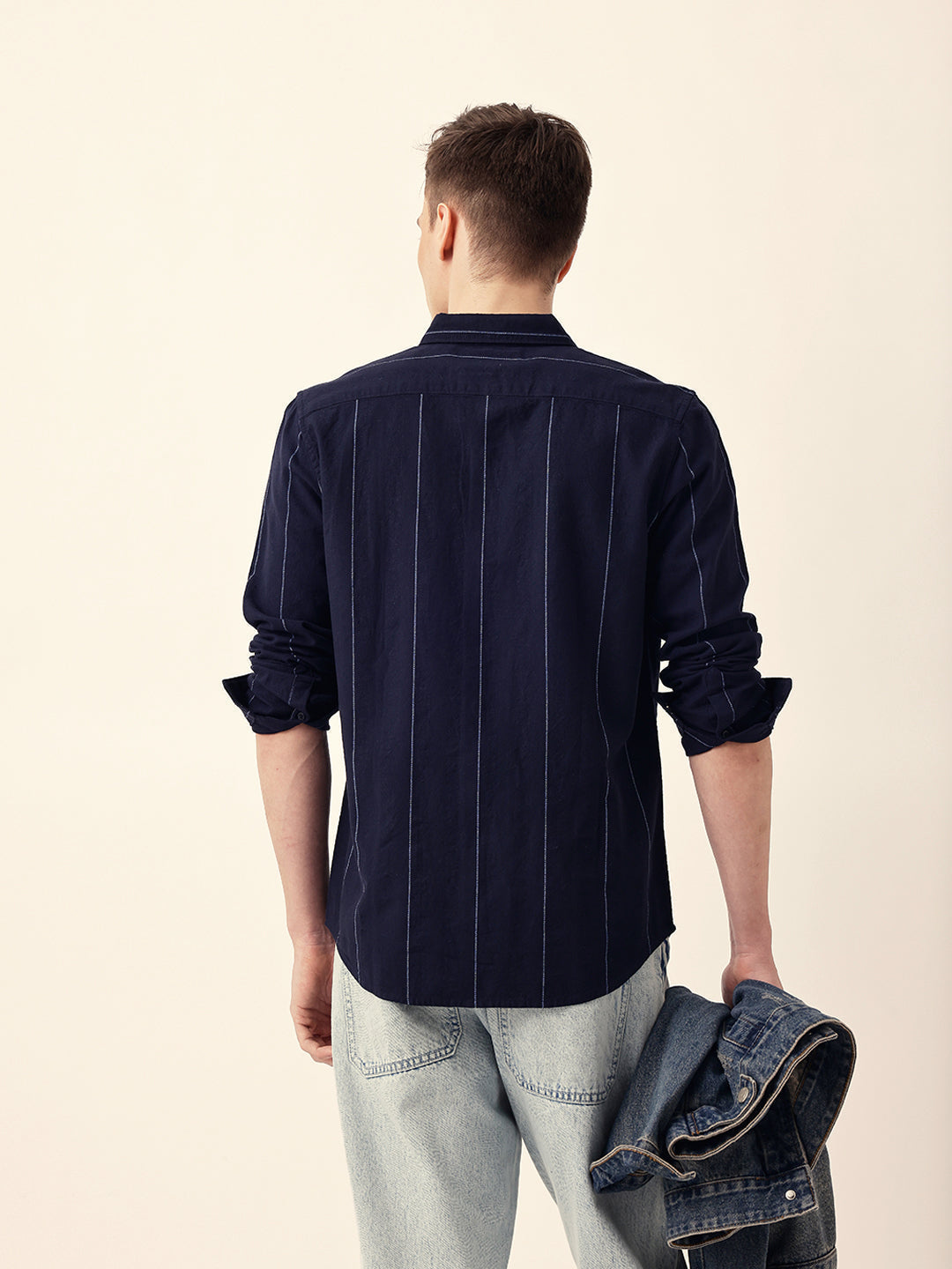 Navy Blue Woven Vertical Stripes Slim Fit Casual Shirt