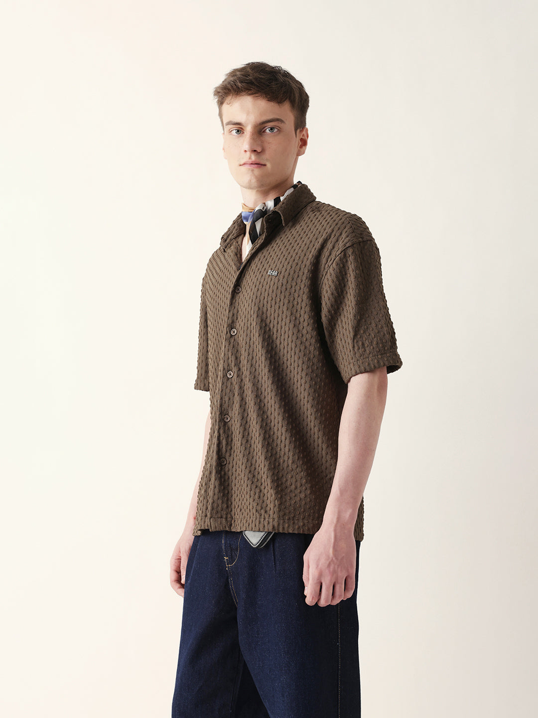 Brown Textured Woven Oversized Fit Half Sleeve Casual Shirt
