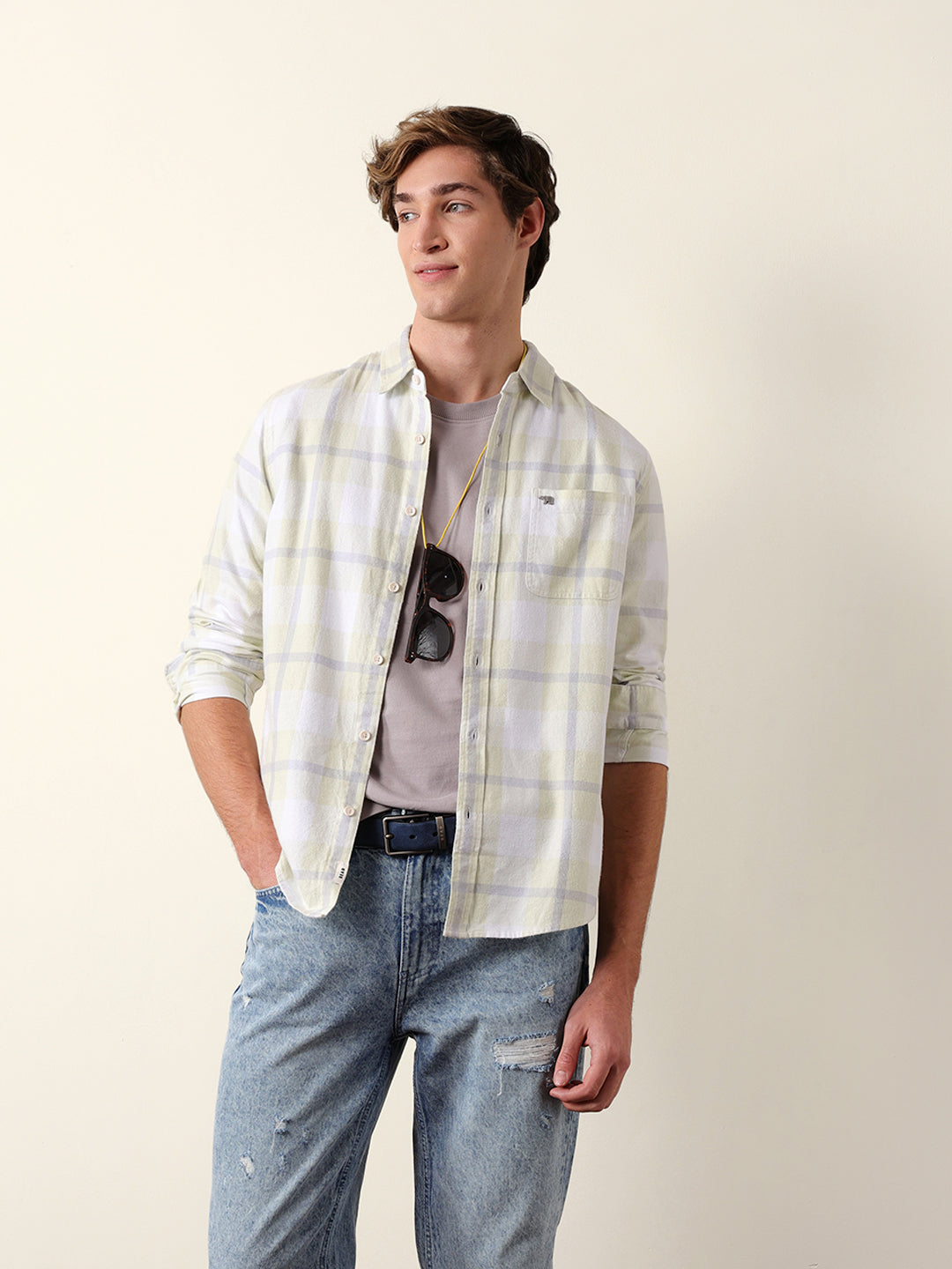 Light Green & Grey Checked Flannel Regular Fit Casual Shirt