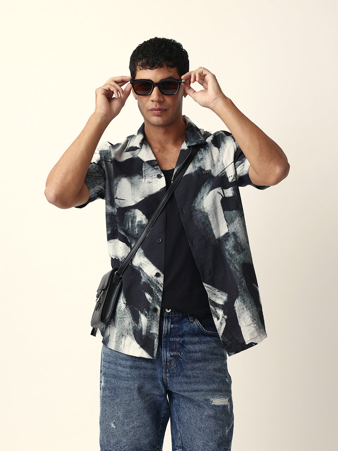 Black & Grey Relaxed Fit Abstract Brushstroke Print Half Sleeve Casual Shirt