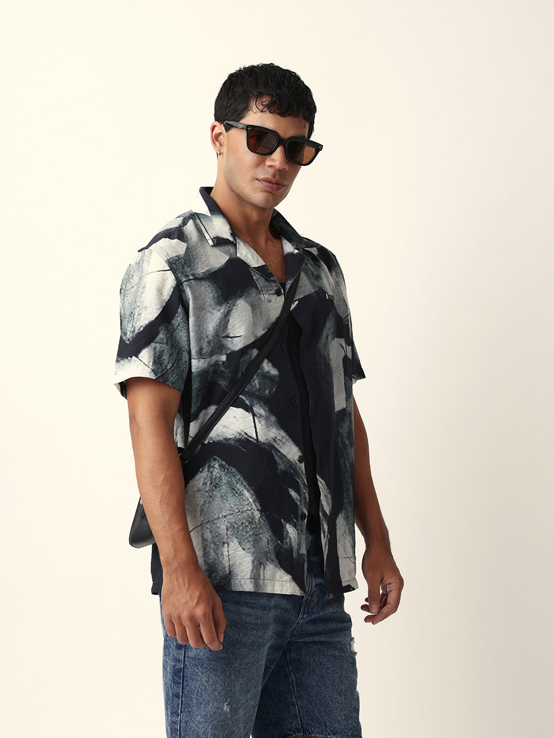 Black & Grey Relaxed Fit Abstract Brushstroke Print Half Sleeve Casual Shirt