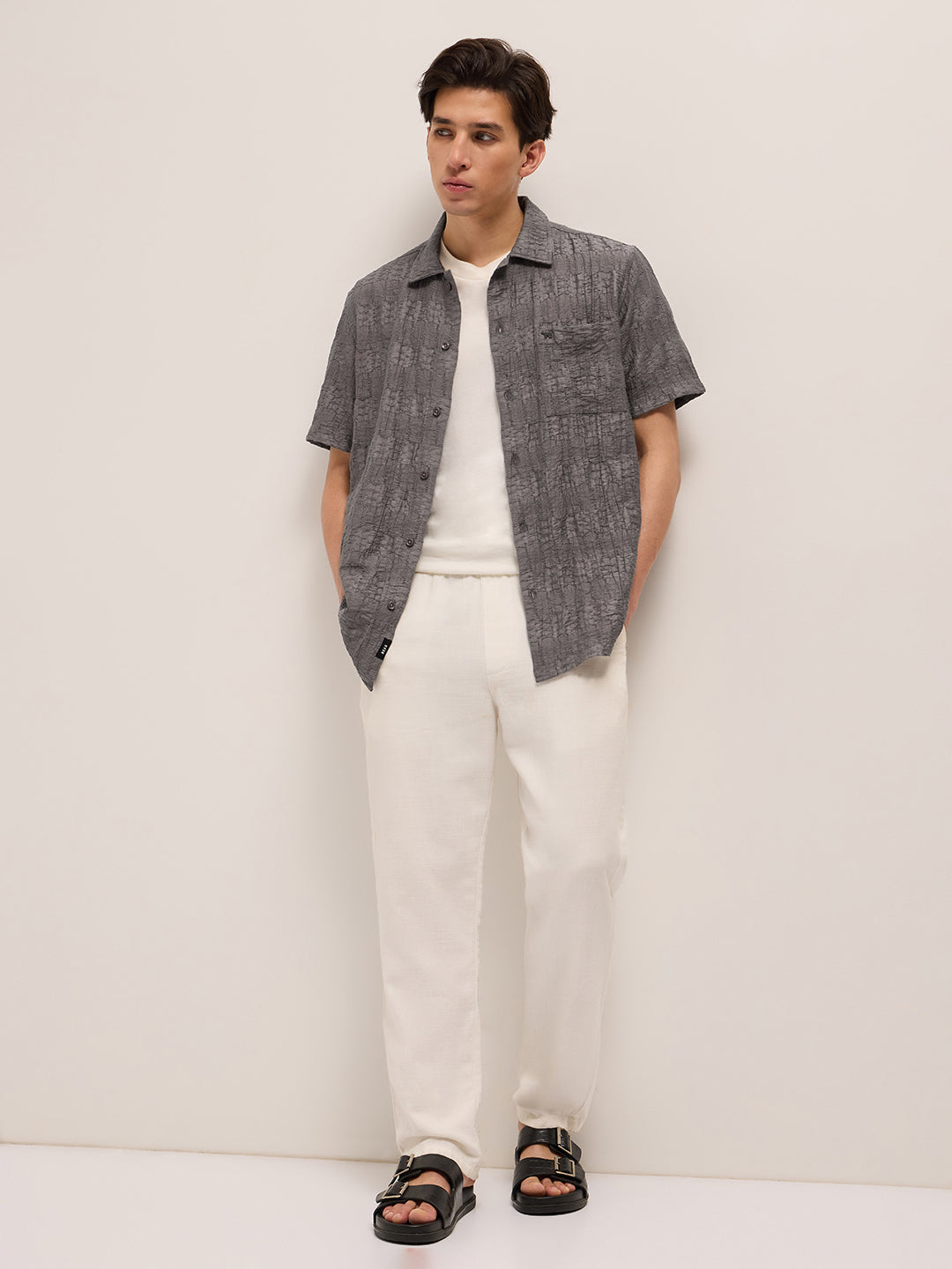 Grey Crinkle Textured Regular Fit Half-Sleeve Casual Shirt