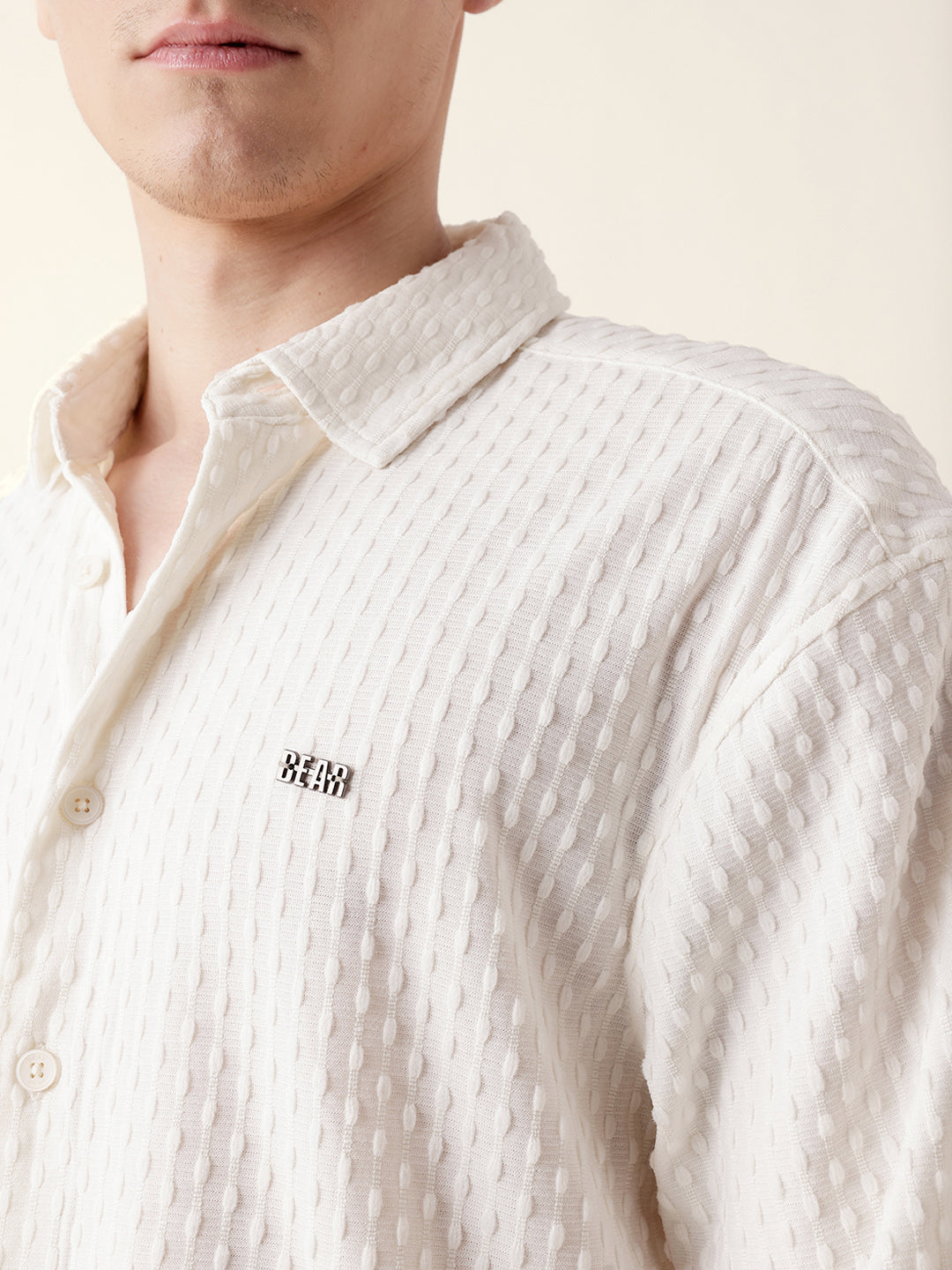 White Textured Woven Oversized Fit Half Sleeve Casual Shirt