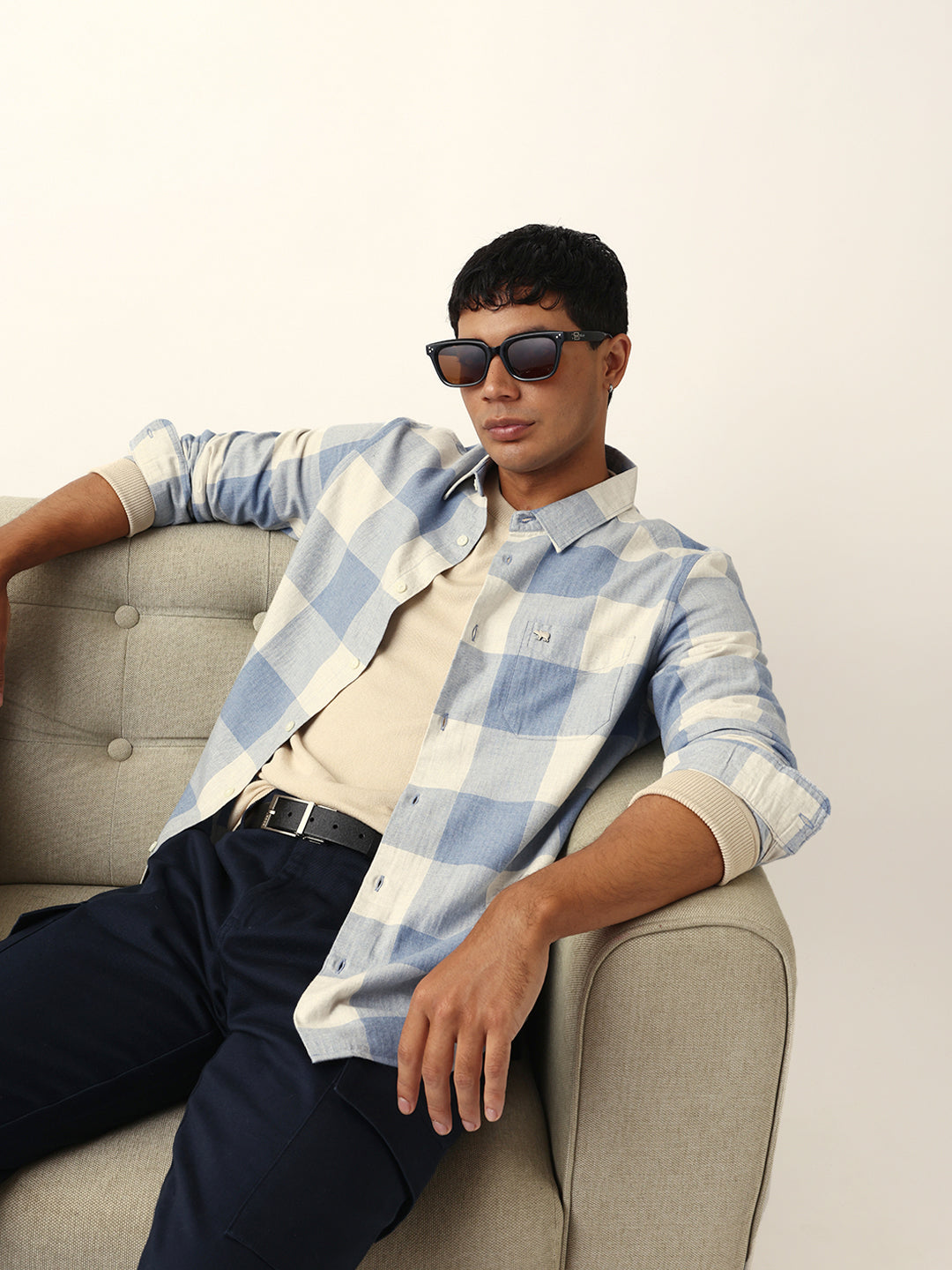 Blue with Cream Woven Checks Slim Fit Casual Shirt