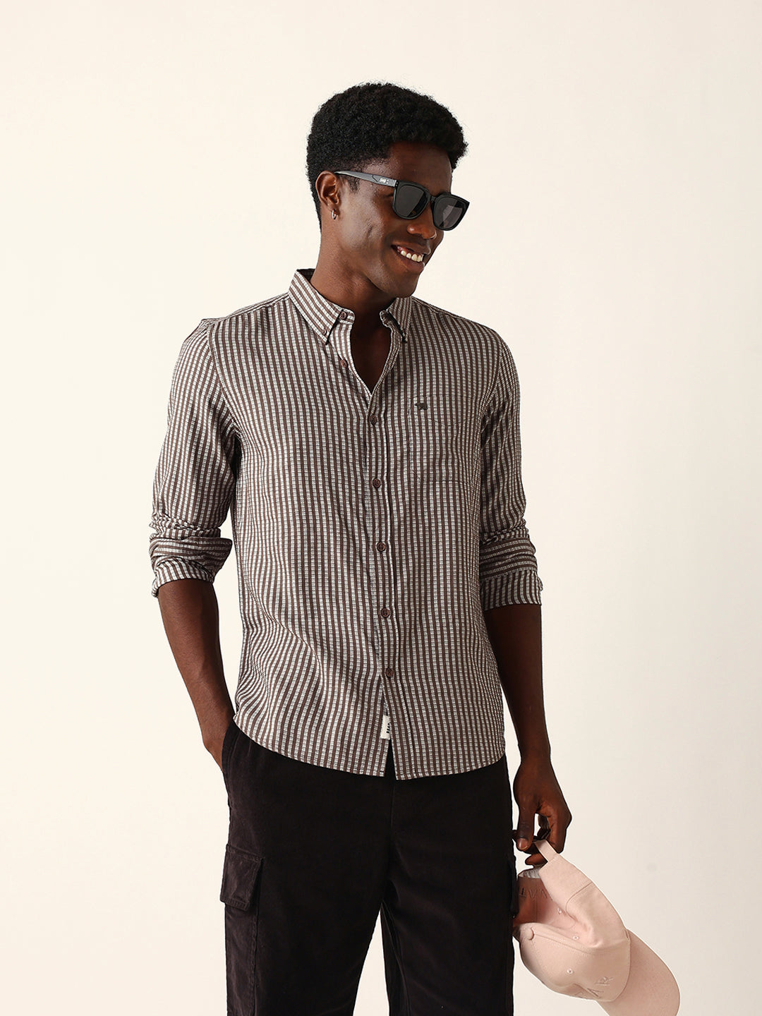 Brown & White Vertical Woven Striped Slim Fit Casual Shirt