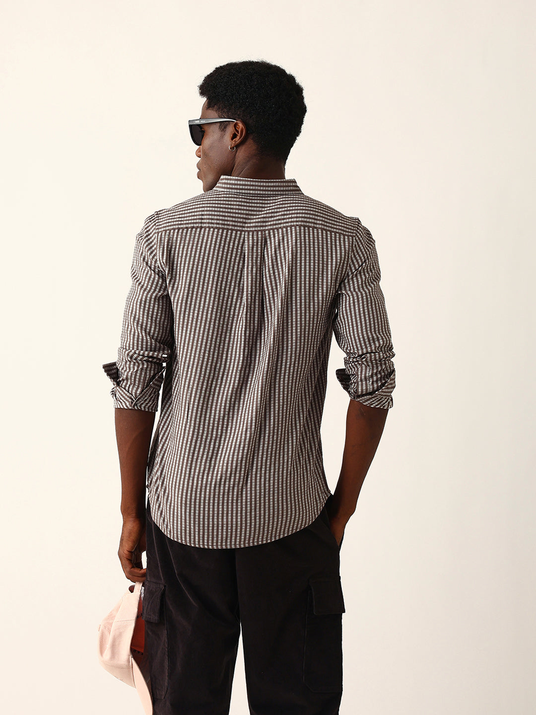 Brown & White Vertical Woven Striped Slim Fit Casual Shirt