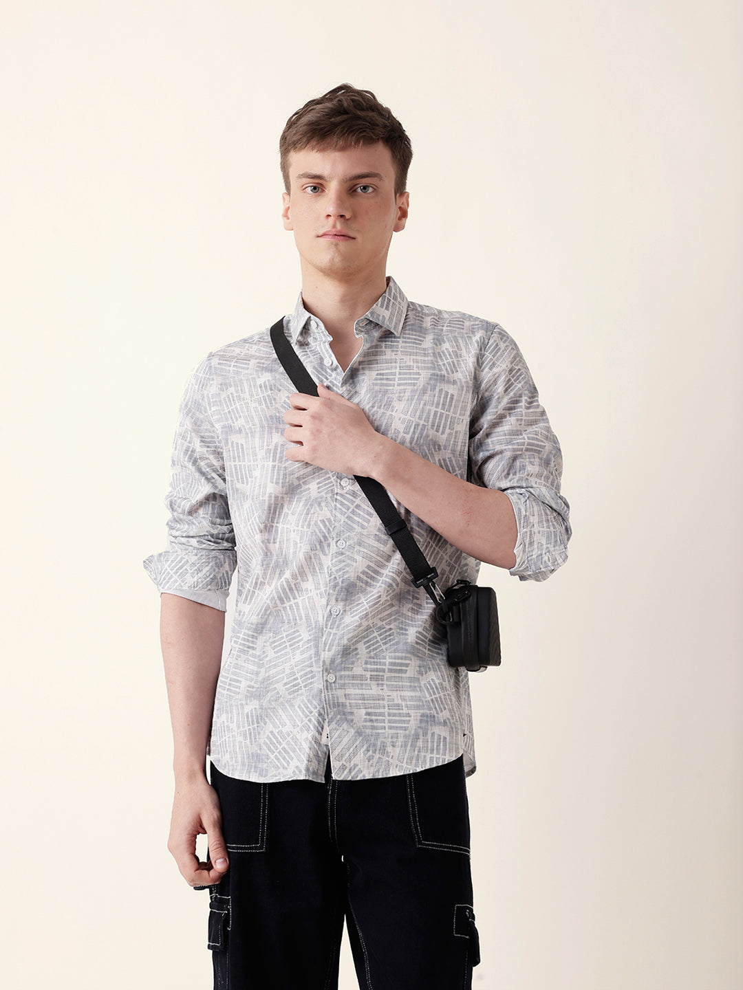 Grey Abstract Geometric Printed Slim Fit Casual Shirt