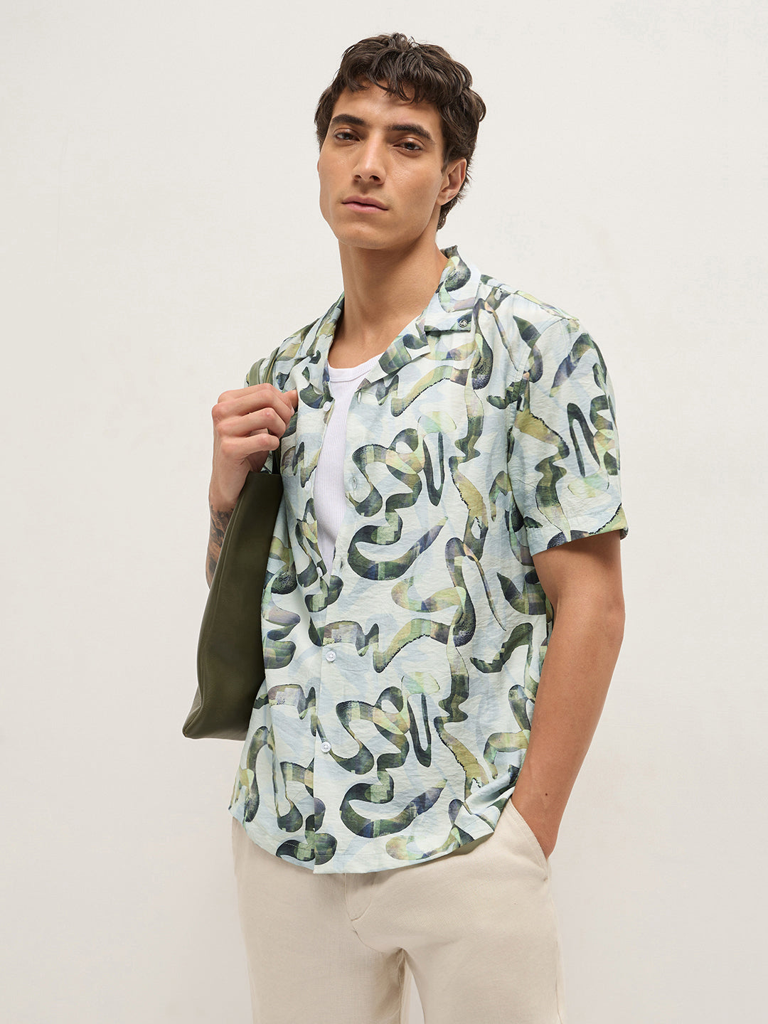 Multicolor Abstract Scribble Print Relaxed Fit Cuban Collar Casual Shirt