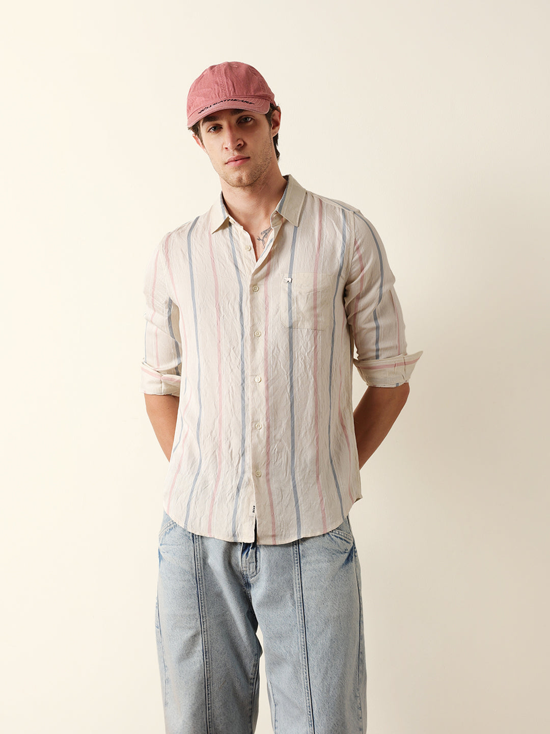 Cream Vertical Woven Stripe Slim Fit Casual Shirt