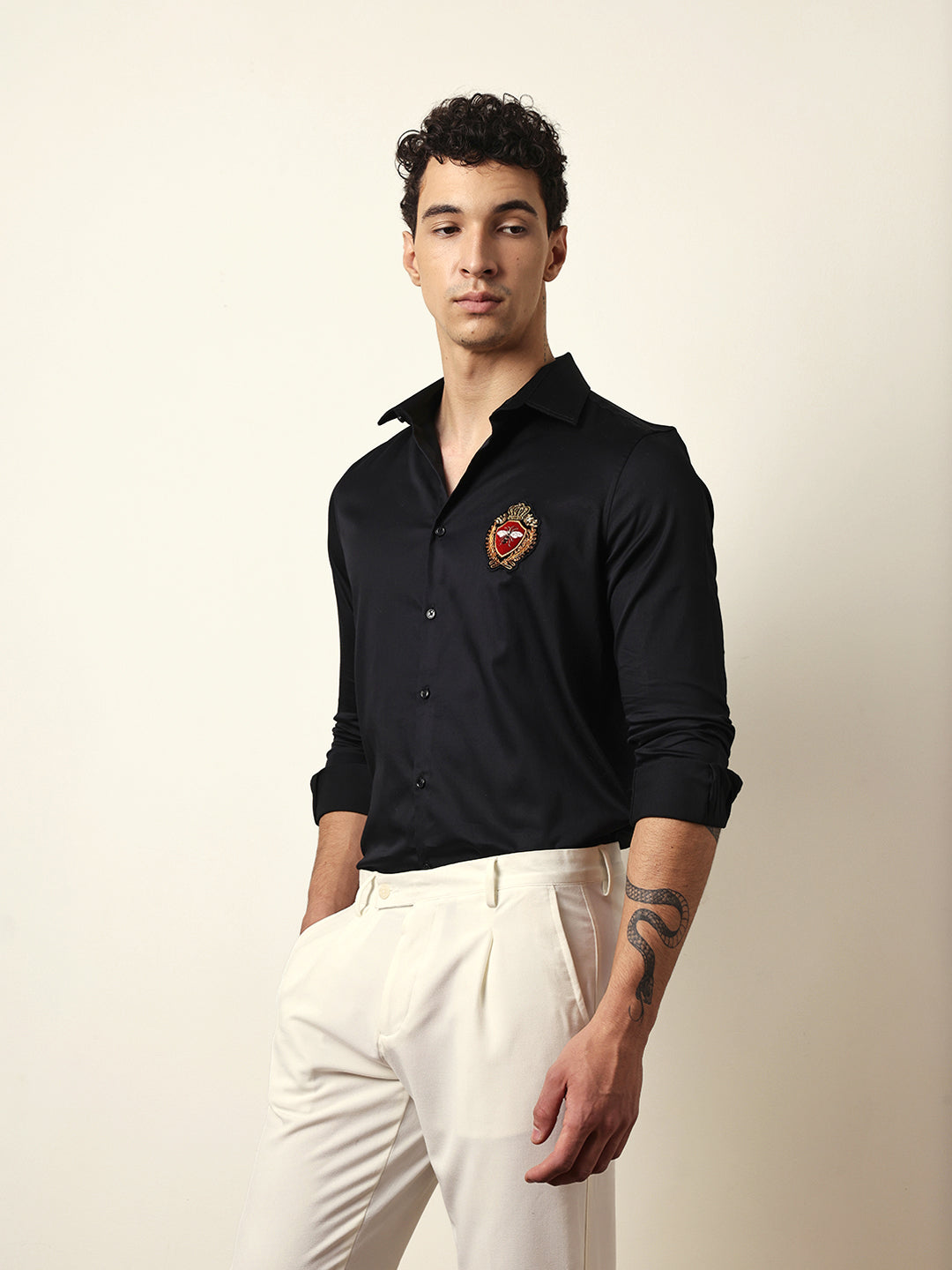 Black Tailored Fit Regal Bee Crest Embroidery Formal Party Shirt
