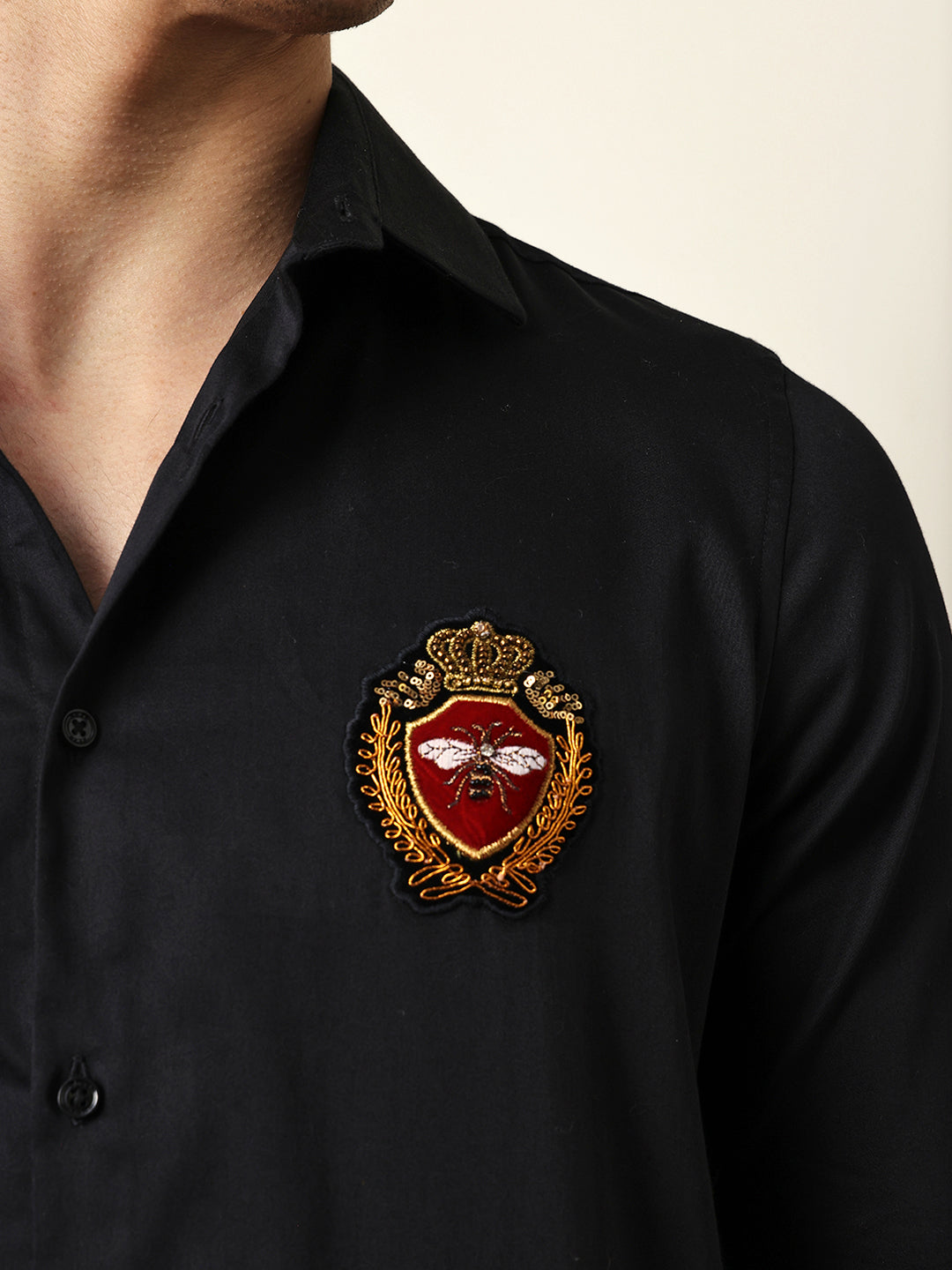 Black Tailored Fit Regal Bee Crest Embroidery Formal Party Shirt