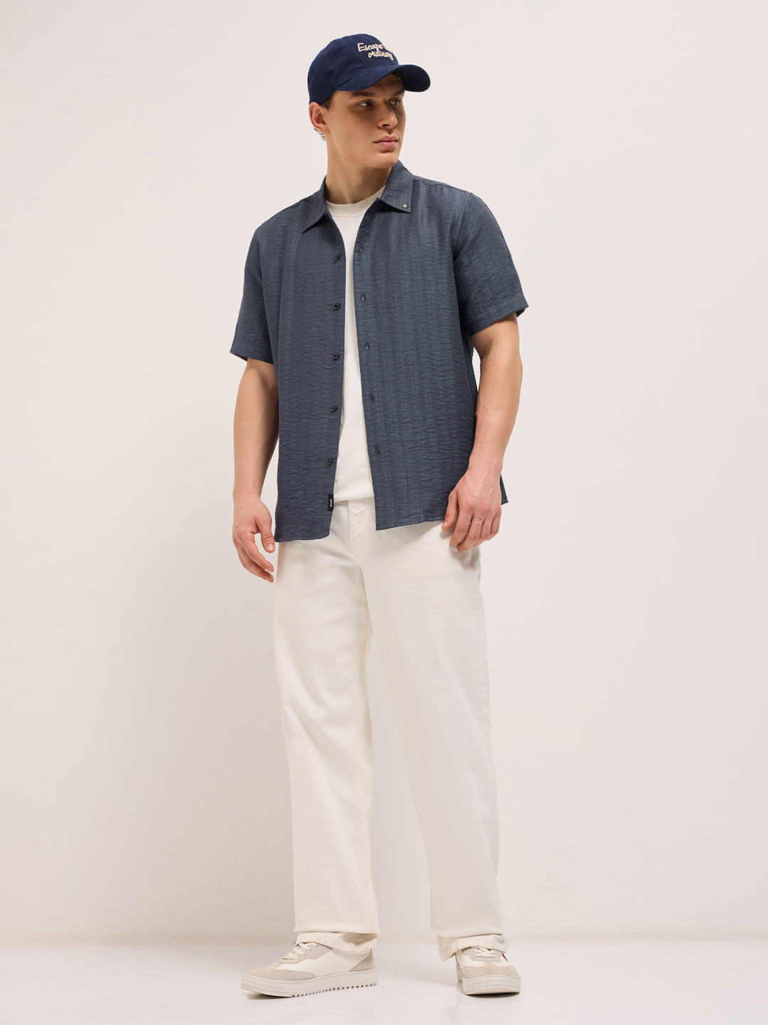 Blue Crinkled Textured Regular Fit Half-Sleeve Casual Shirt