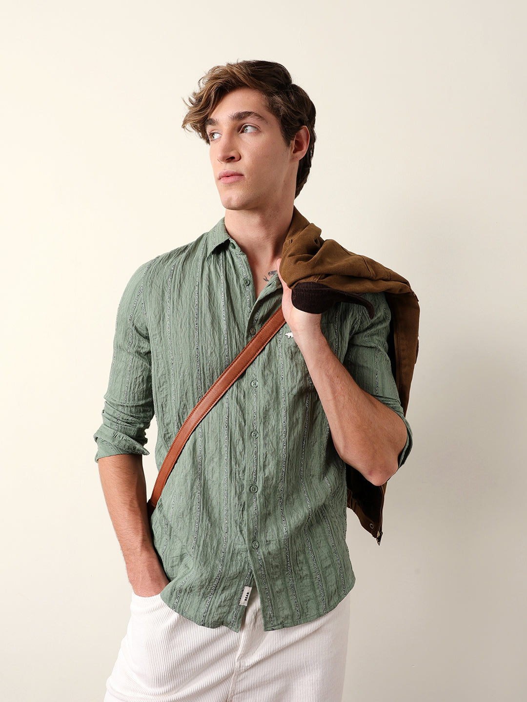 Green Vertical Seersucker Pinstripe Slim Fit Casual Shirt
