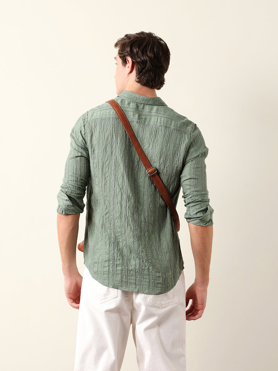 Green Vertical Seersucker Pinstripe Slim Fit Casual Shirt