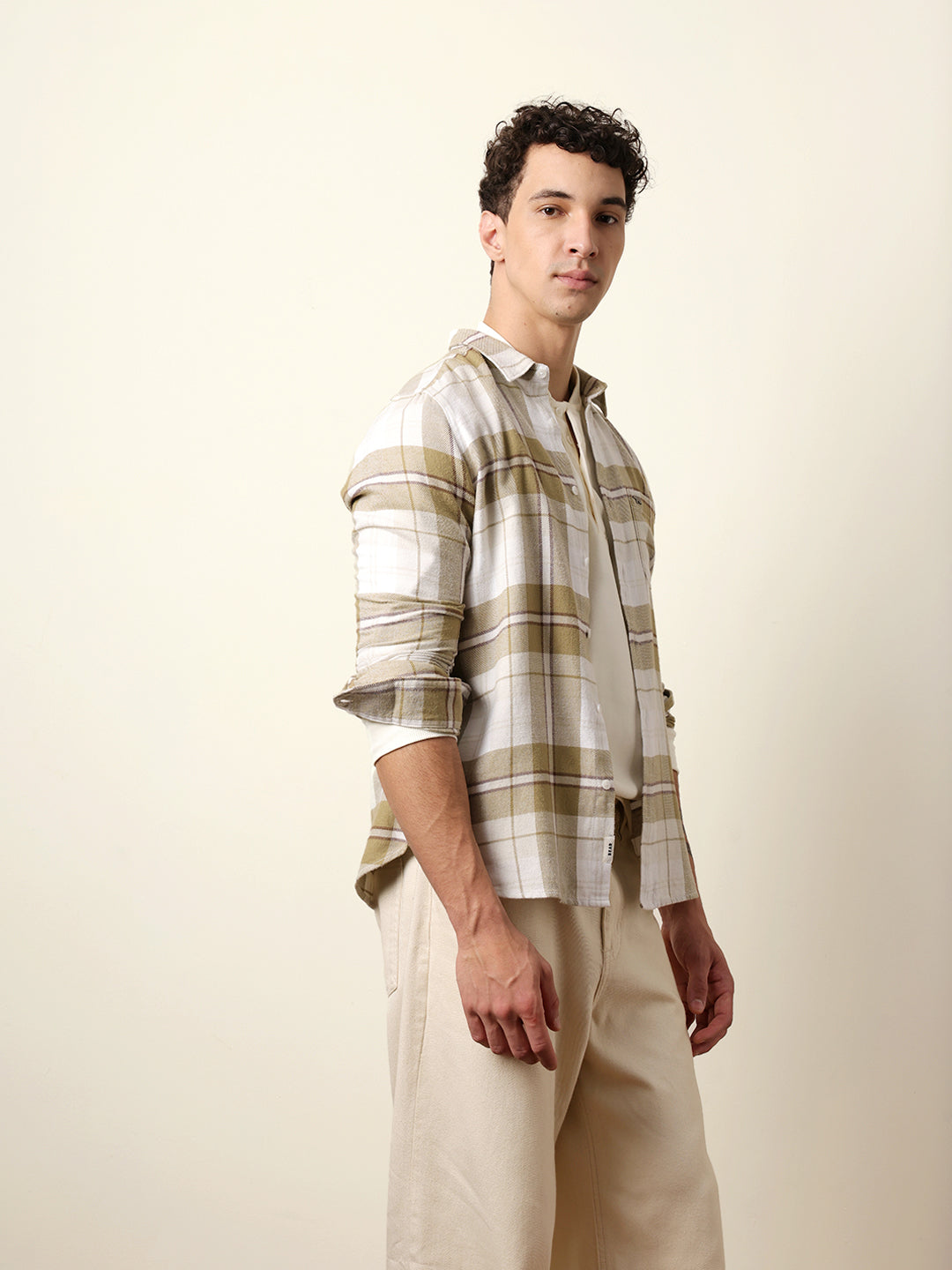 Olive & White Flannel Check Slim Fit Casual Shirt