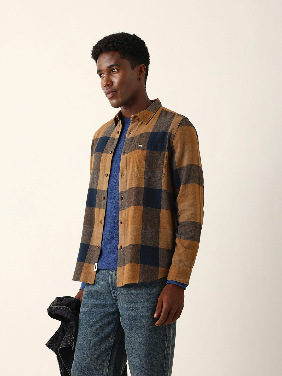 Mustard with Navy Blue Flannel Checked Regular Fit Overshirt