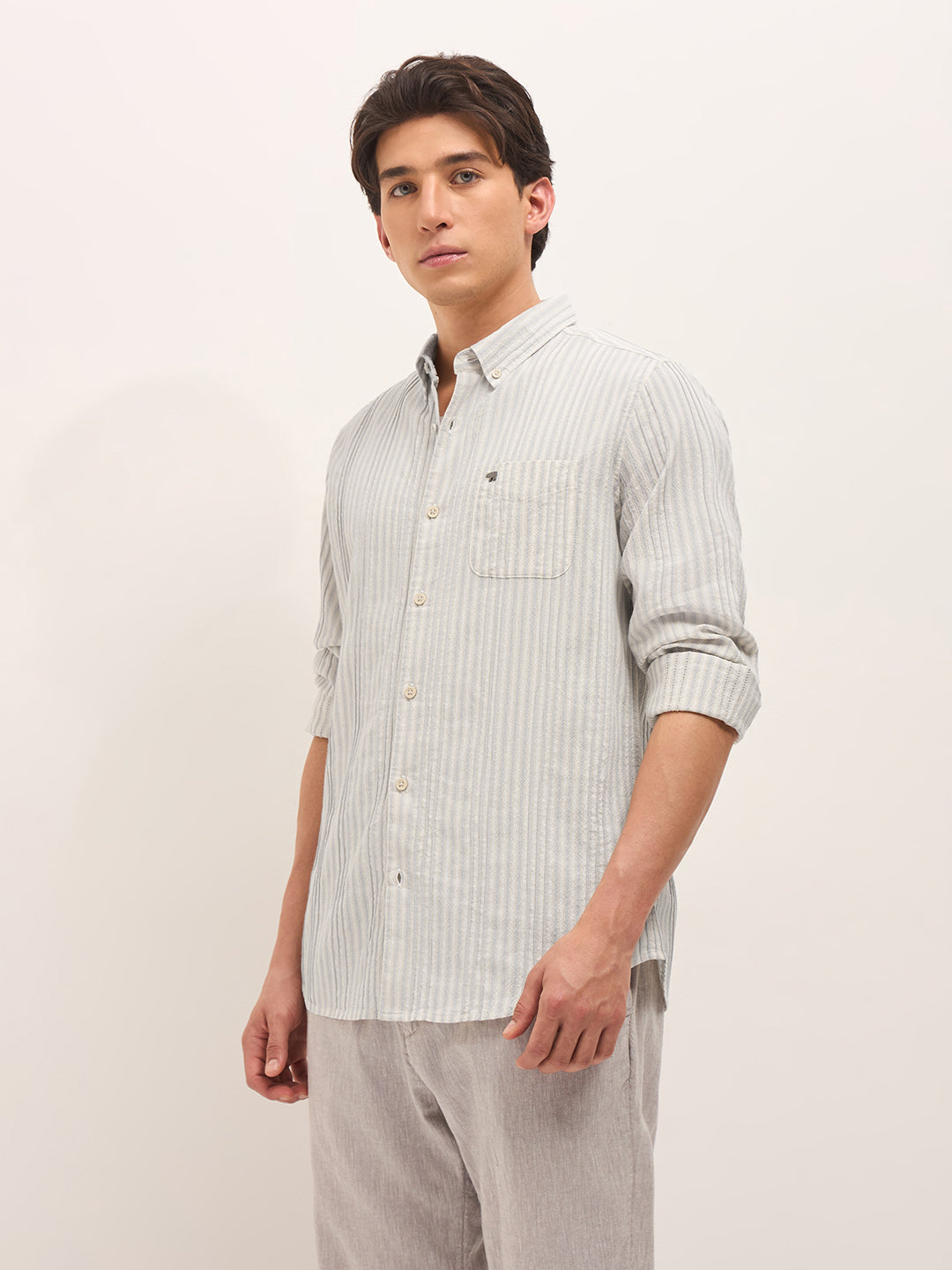 Grey Slim Fit Casual Shirt with Woven Vertical Textured Stripes