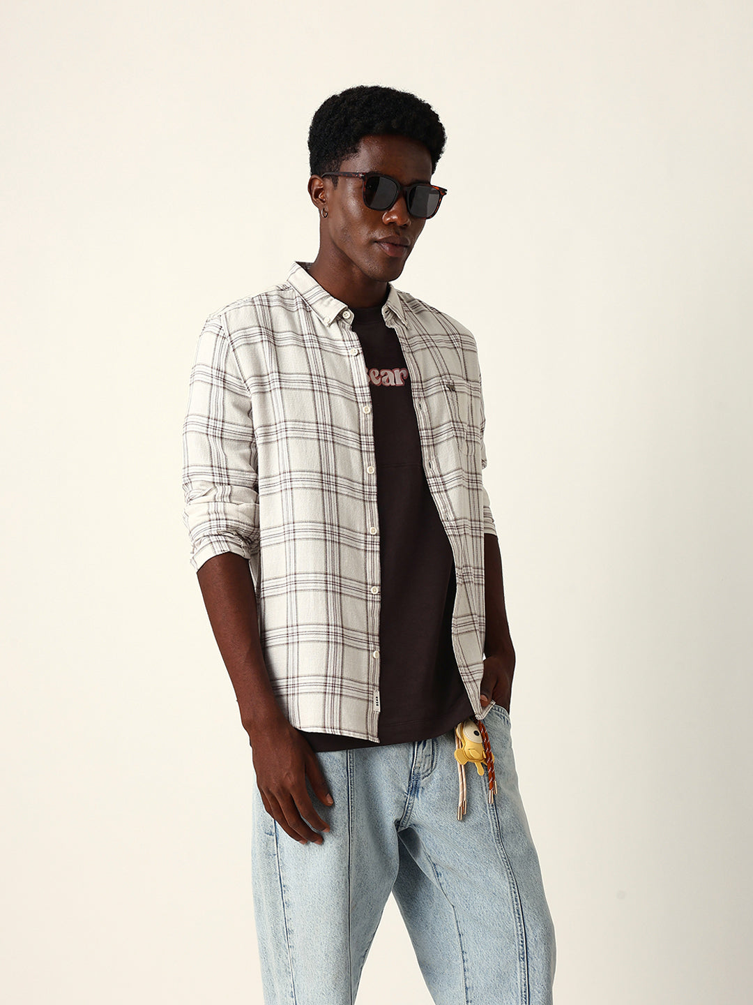 Cream & Brown Woven Checked Slim Fit Casual Shirt