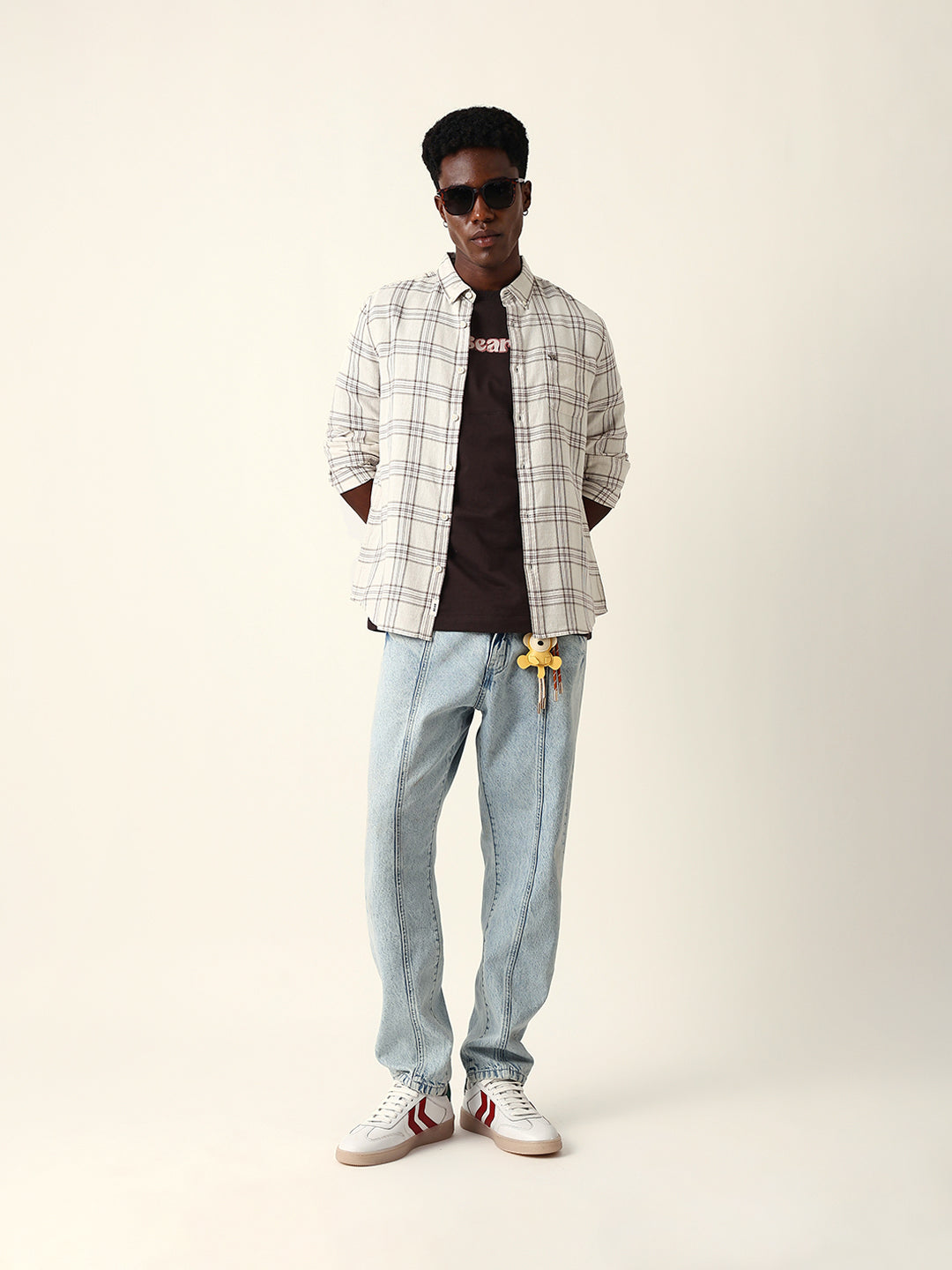 Cream & Brown Woven Checked Slim Fit Casual Shirt