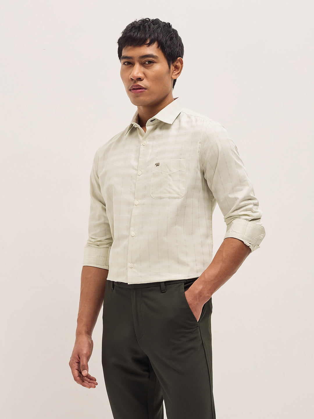 Light Green Woven Stripe Tailored Fit Formal Shirt