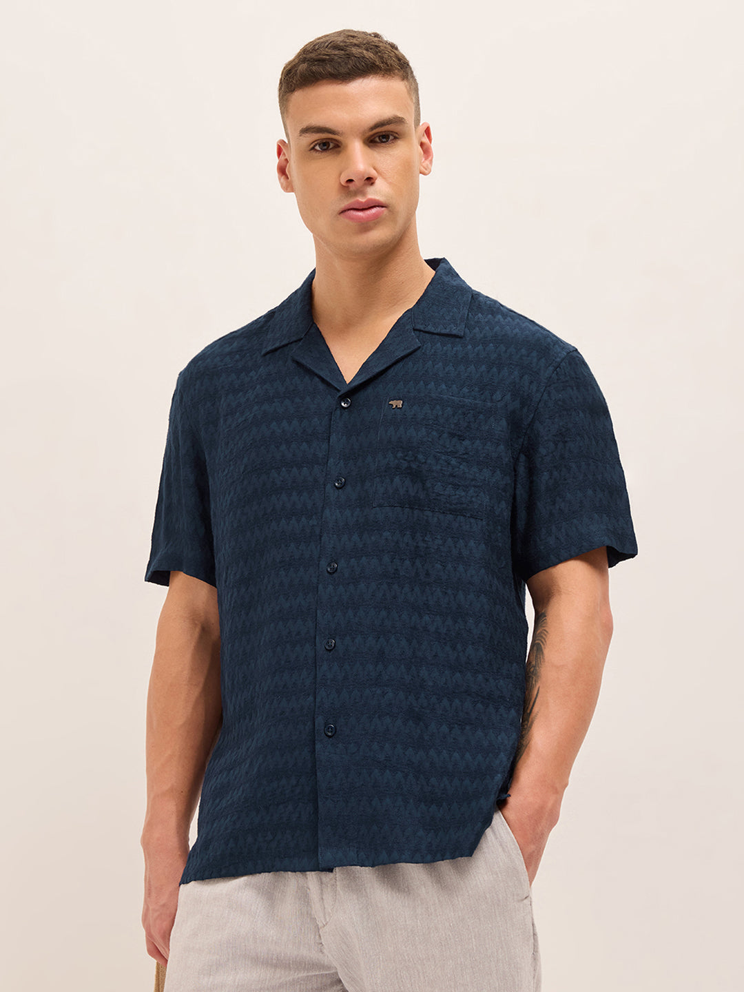 Navy Blue Zigzag Textured Weave Relaxed Fit Half Sleeve Casual Shirt