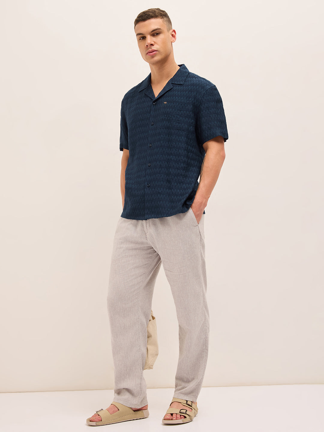 Navy Blue Zigzag Textured Weave Relaxed Fit Half Sleeve Casual Shirt