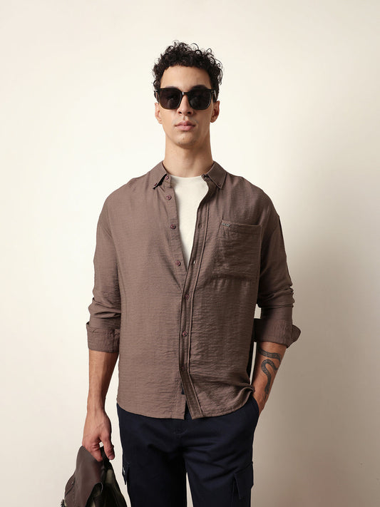 Brown Viscose Herringbone Design Relax Fit Casual shirt