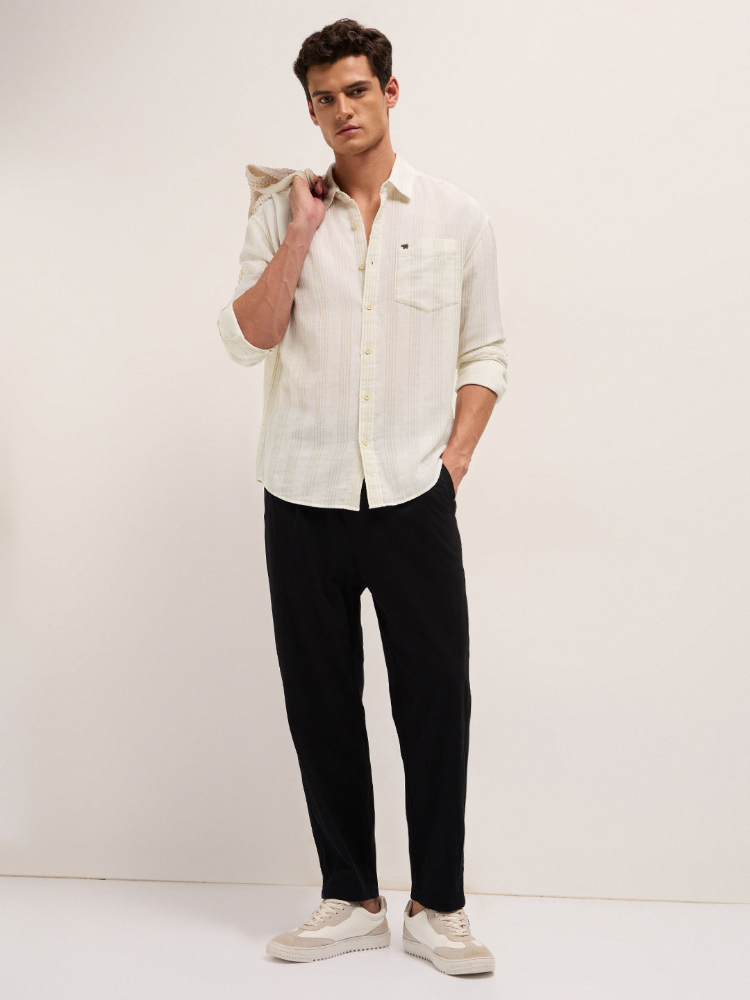 Cream Woven Vertical Stripes Relax Fit Casual Shirt