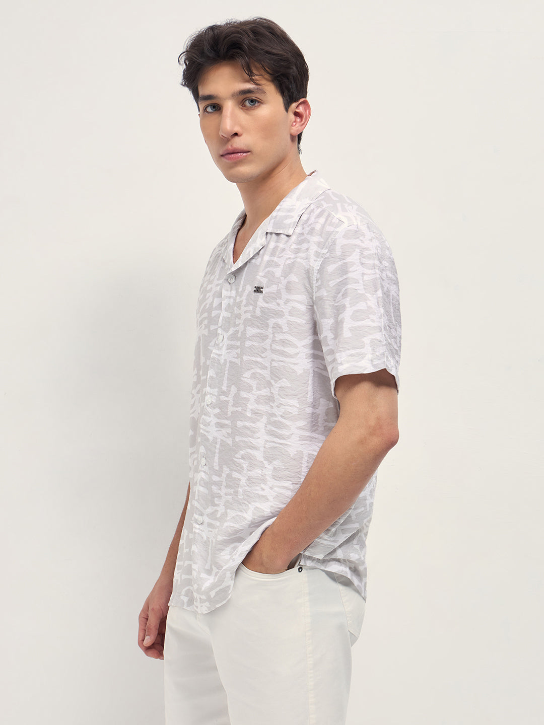 Beige Abstract Brush Stroke Print Relaxed Fit Cuban Collar Shirt
