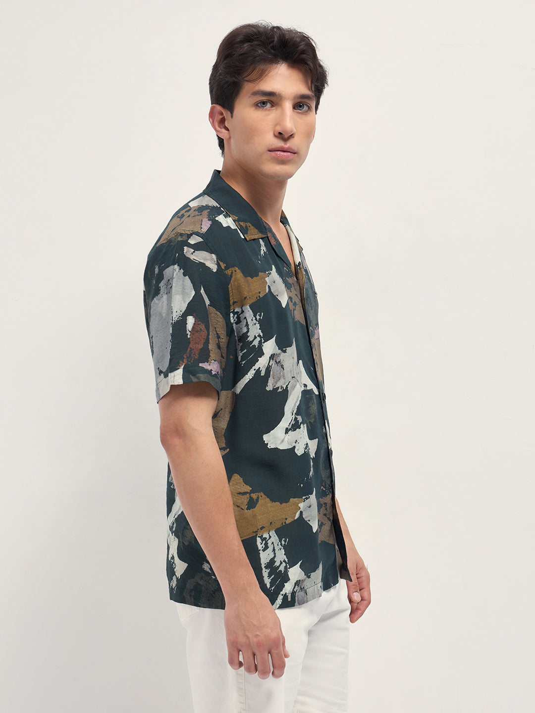 Dark Green Abstract Brush Stroke Print Relaxed Fit Cuban Collar Shirt