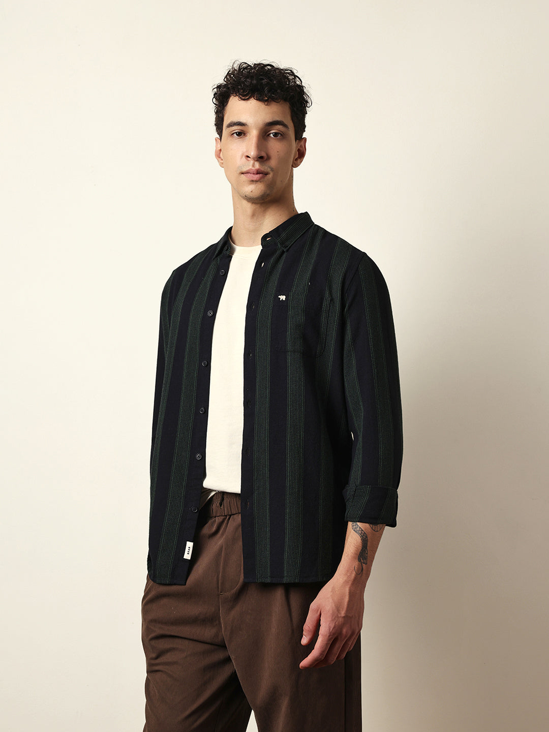 Black with Green Woven Vertical Stripes Slim Fit Casual Shirt