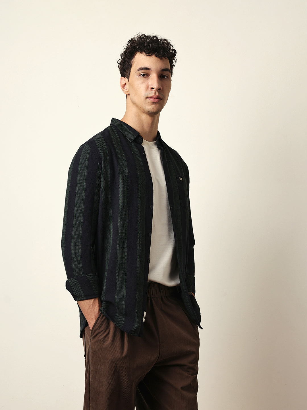Black with Green Woven Vertical Stripes Slim Fit Casual Shirt