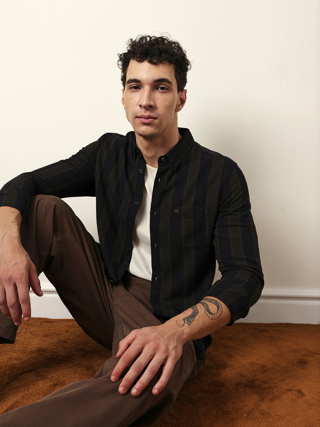 Black with Brown Woven Vertical Stripes Slim Fit Casual Shirt