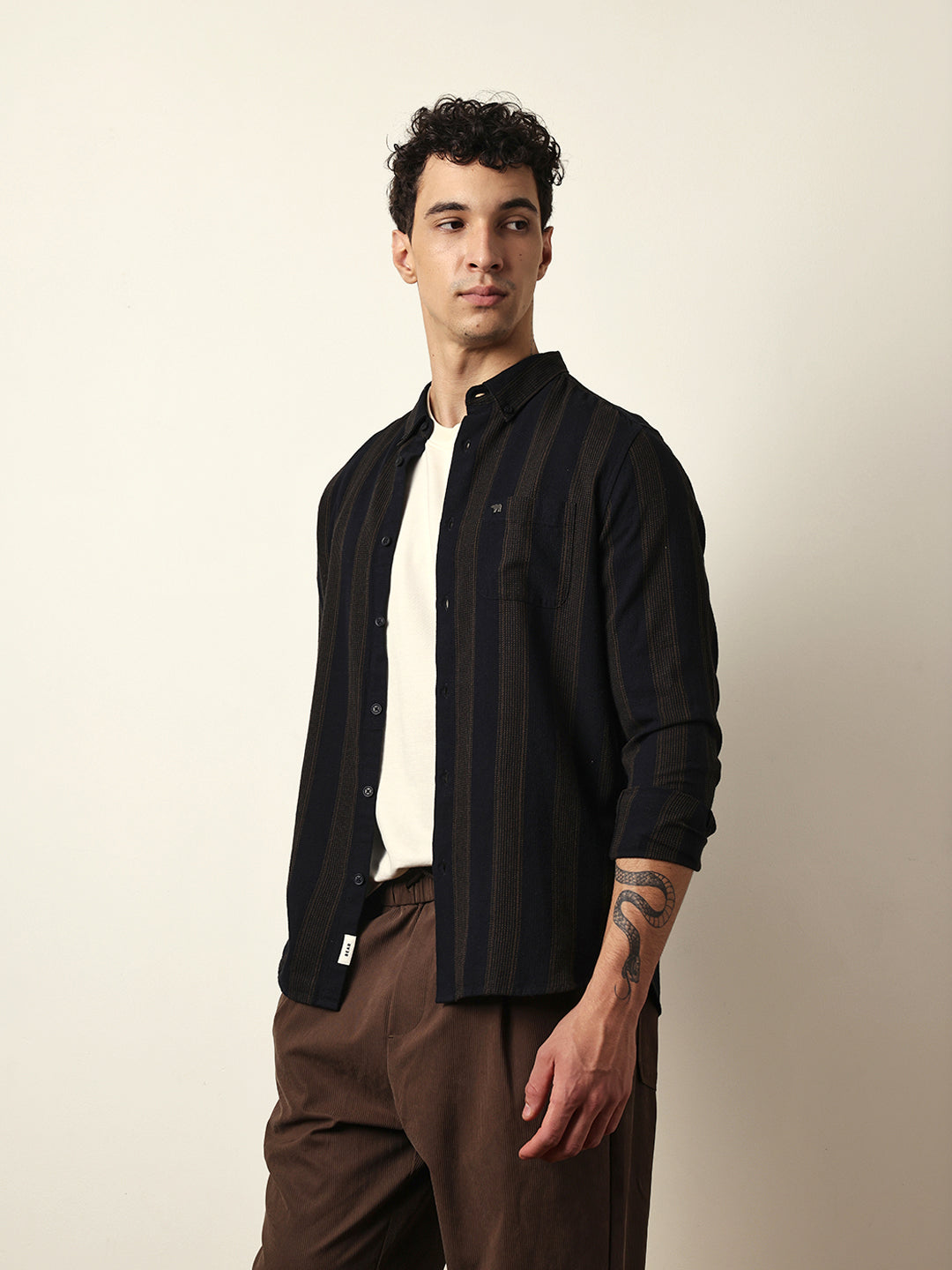 Black with Brown Woven Vertical Stripes Slim Fit Casual Shirt