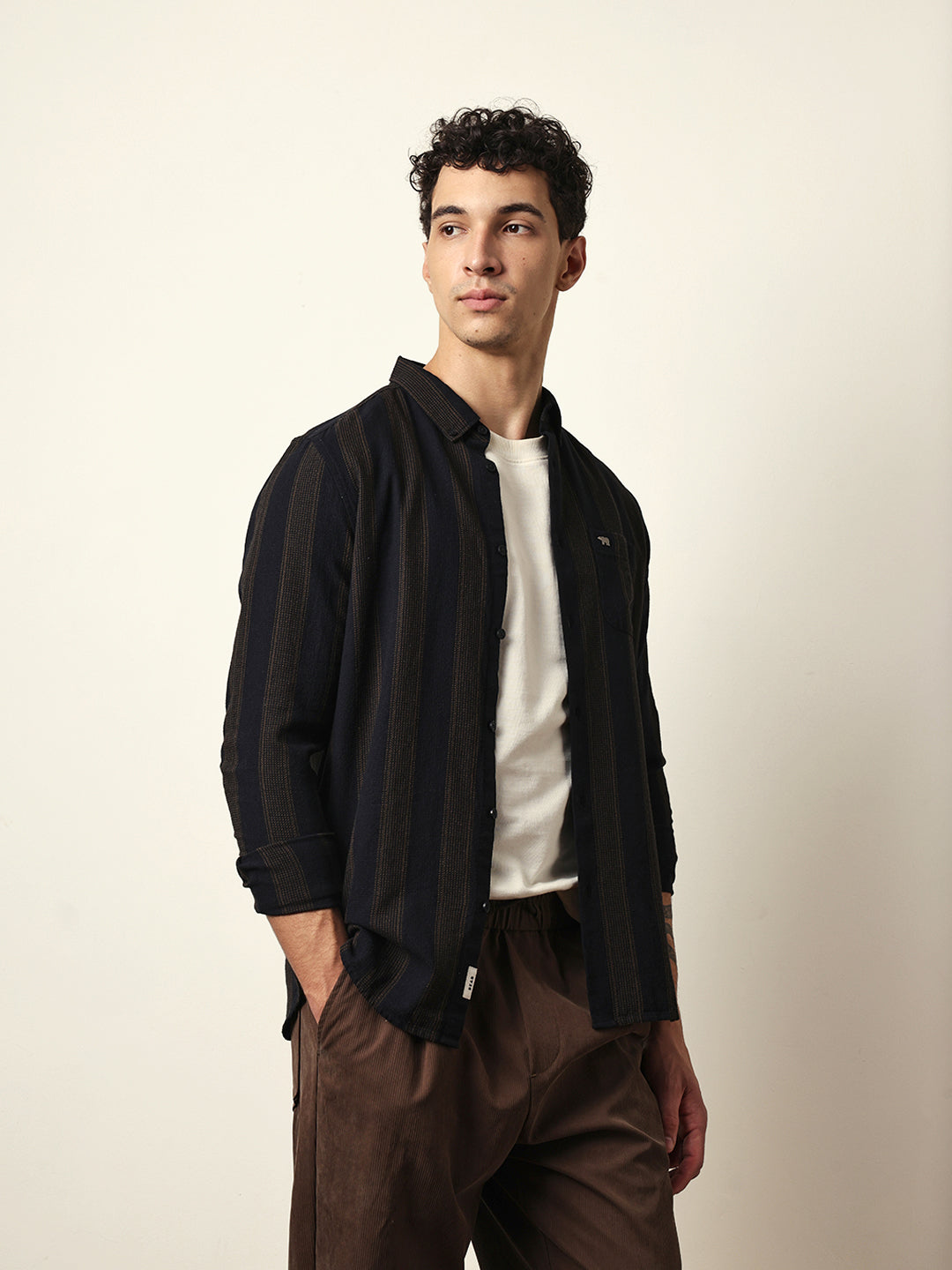 Black with Brown Woven Vertical Stripes Slim Fit Casual Shirt