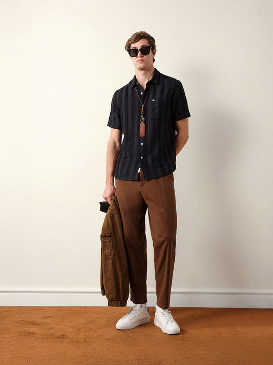 Black Vertical Stripe Dobby Woven Regular Fit Casual Shirt
