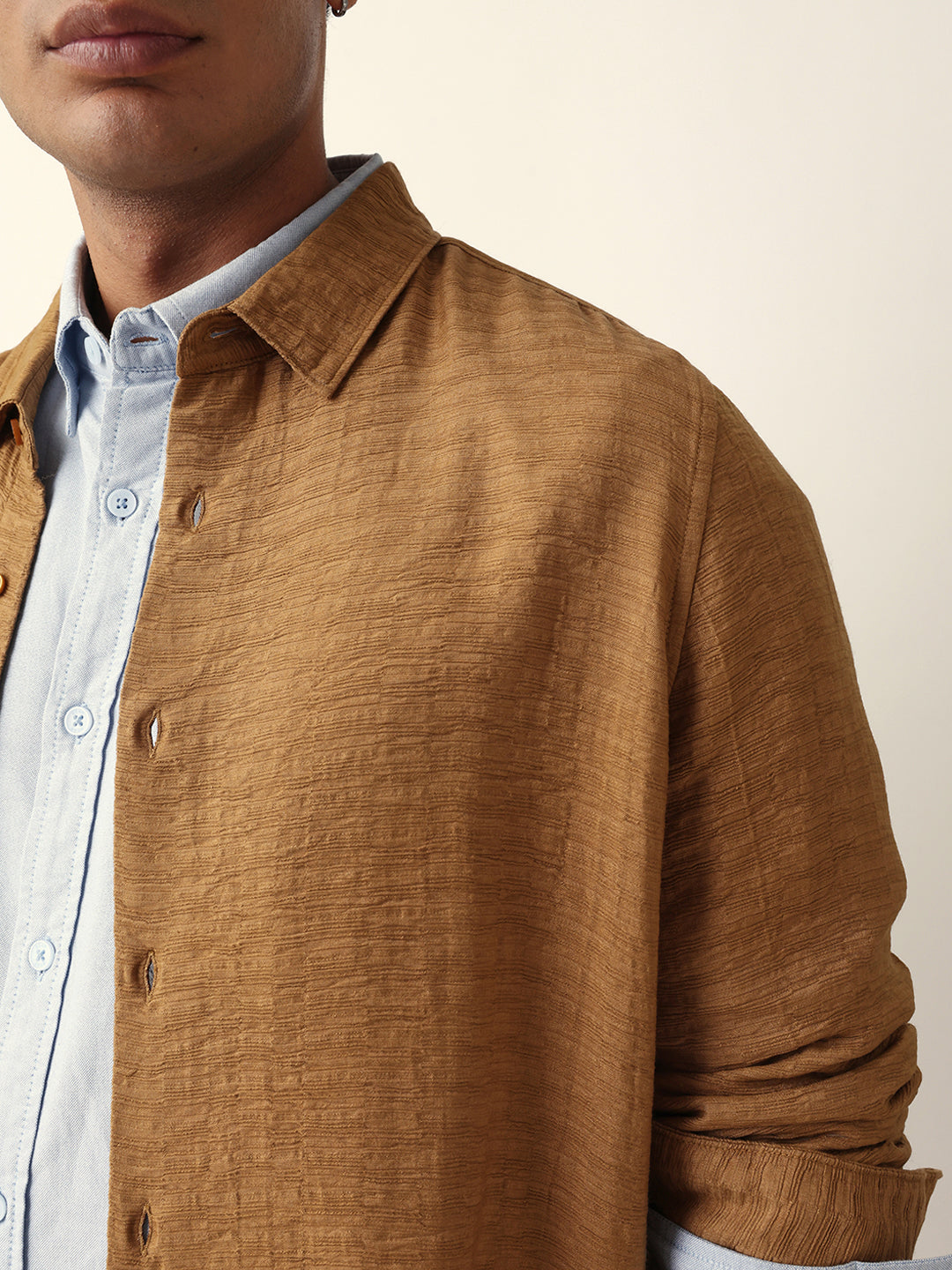 Beige Textured Woven Striped Slim Fit Casual Shirt