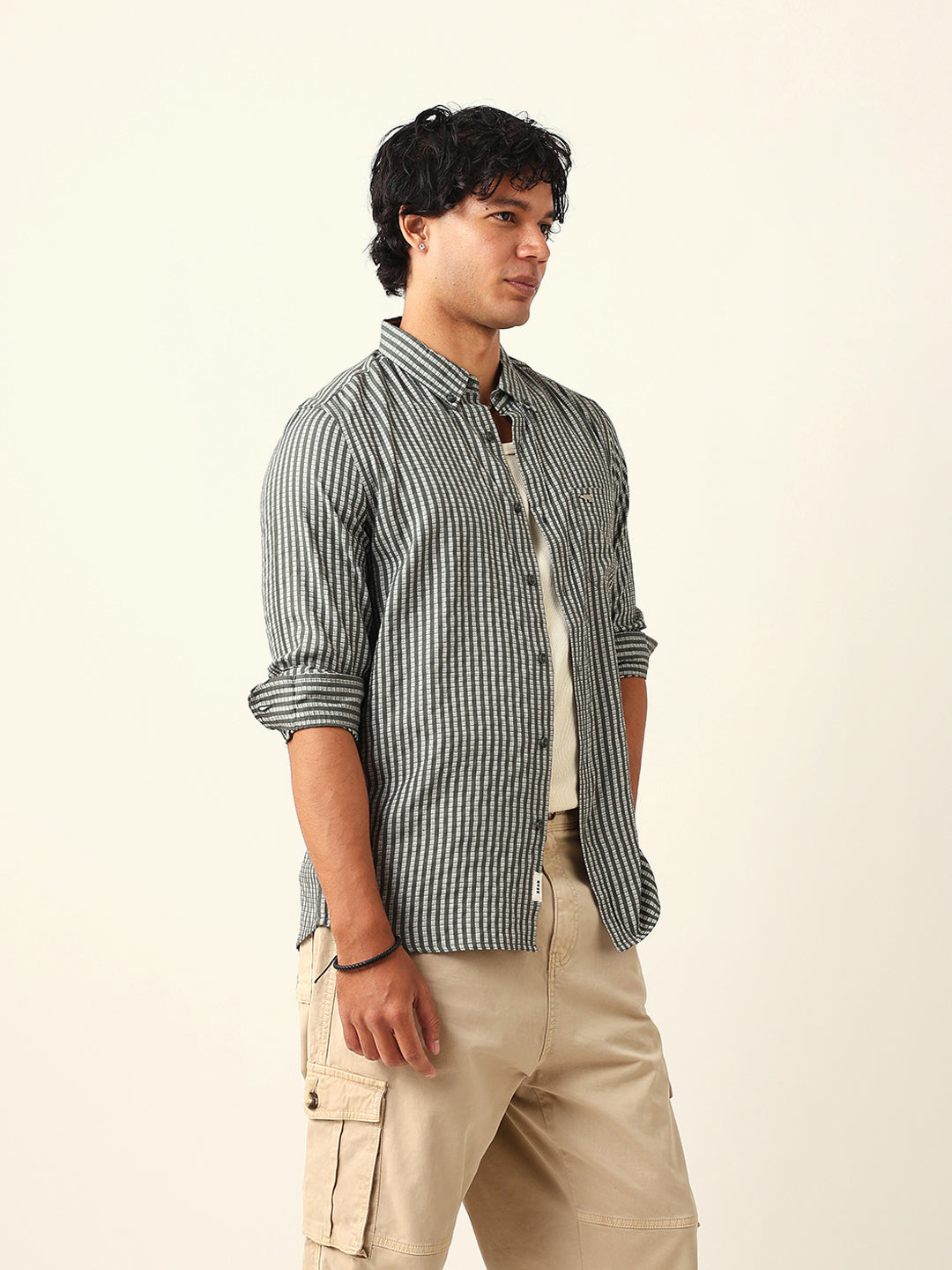Olive & White Vertical Woven Striped Slim Fit Casual Shirt