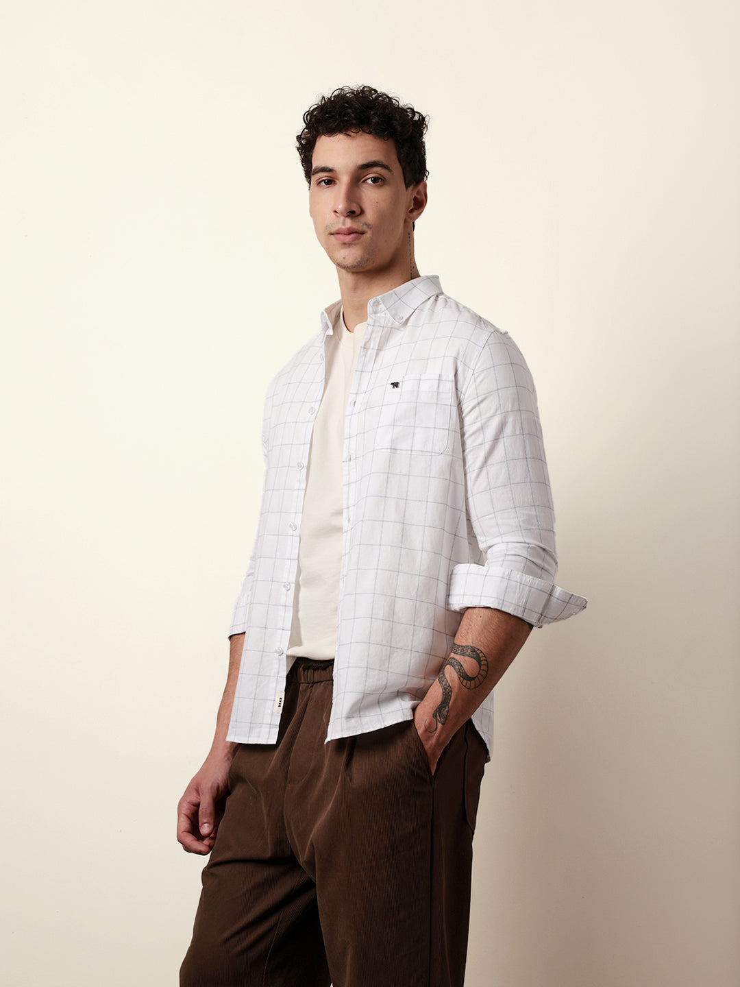 White Slim Fit Casual Shirt with Woven Block Checks